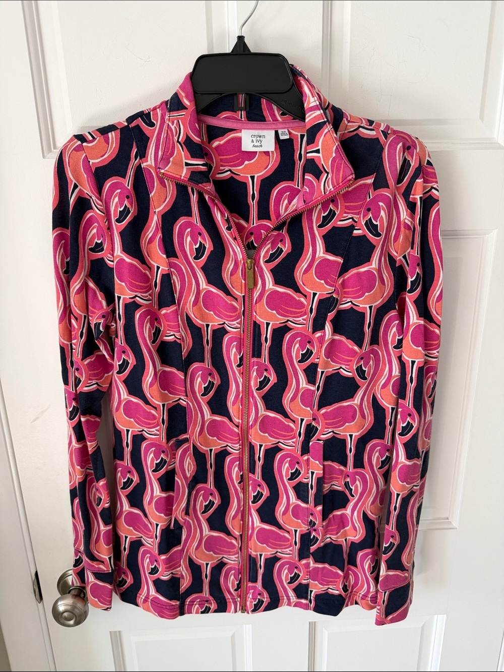 Crown & Ivy Pink Flamingo Lightweight Zippered Jacket Navy Florida Resort XS